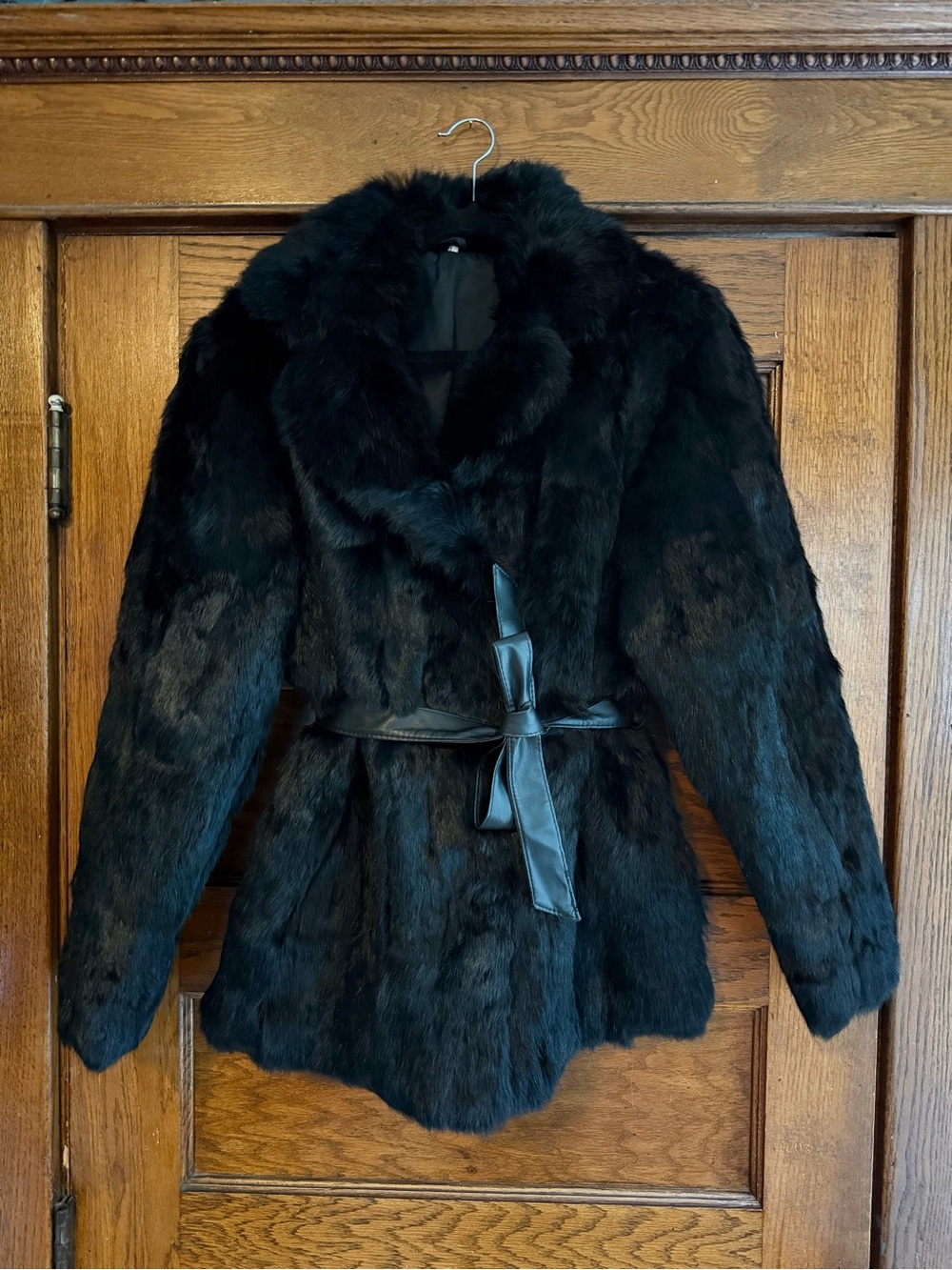 STUNNING French Rabbit Fur Coat Jacket Leather Waist Tie Black Femme Fatale US L